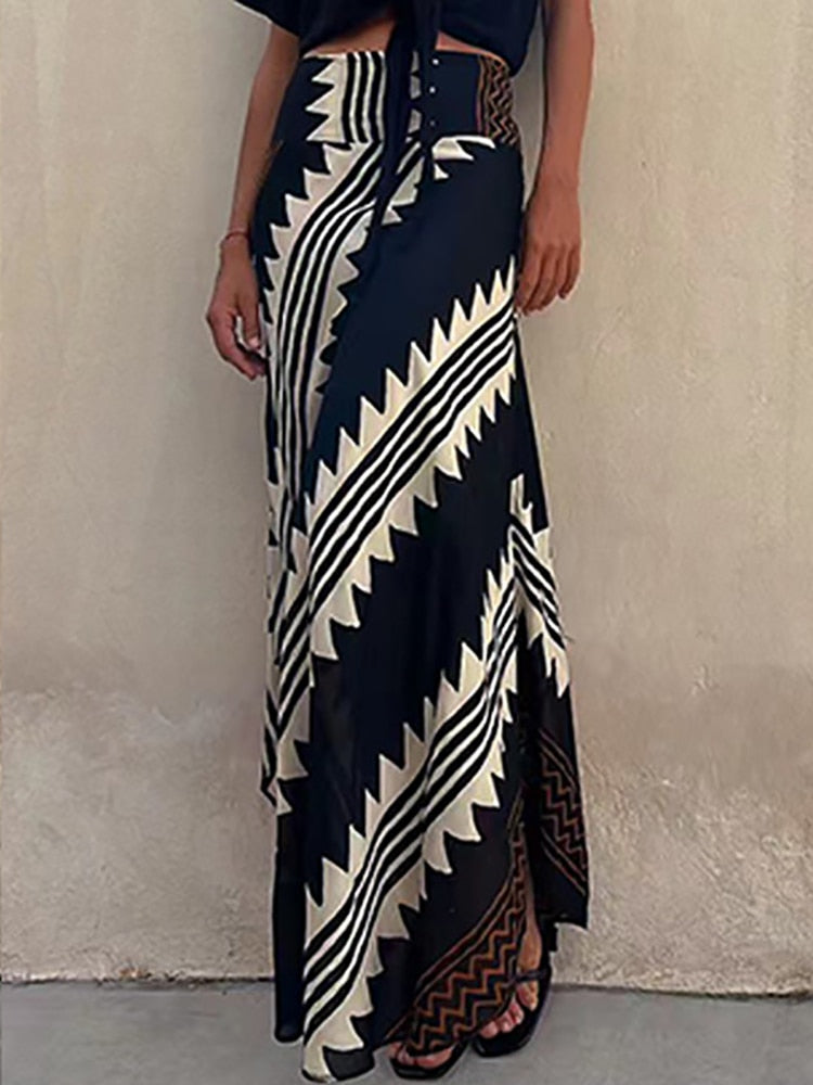 Boho Retro Patchwork Print Skirt Women Summer High Waist A-Line Elastic Long Skirts Casual Holiday Beach Skirt