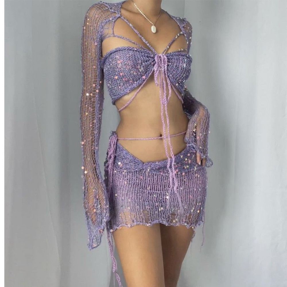 Crochet Knitted Dress Two Piece Skirt Sets Summer Women Clothes Sexy Crop Tops Elegant Knit Sequin Dress 2 Piece Set Outfit Purple
