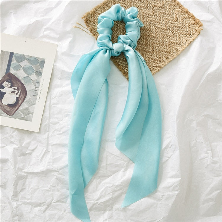 Fashion Print Chiffon Long Ribbon Scrunchies Women Girls Ponytail Scarf Elastic Hair Bands Ties Hair Accessories Wholesale 35