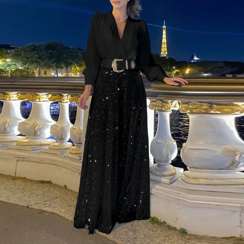 Women Long-Sleeved Shirt Sequin Wide-Leg Pant Jumpsuits Spring Summer Solid Color Loose Playsuit Casual V Neck Party Romper Black