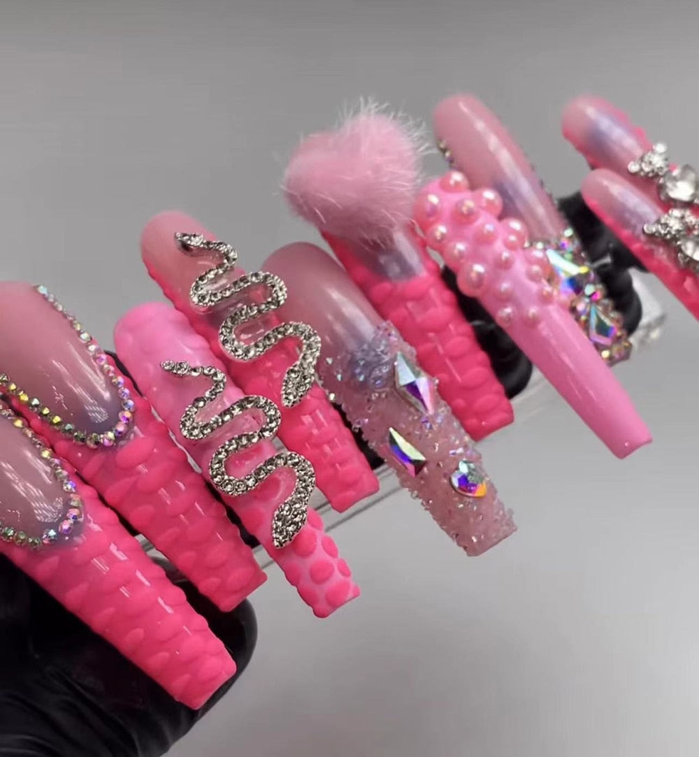 41Style Diamond Stiletto Coffin Long Nail Europe America Handwork Customization Cosplay Party Full Cover Fake Nails Woman Gift 29