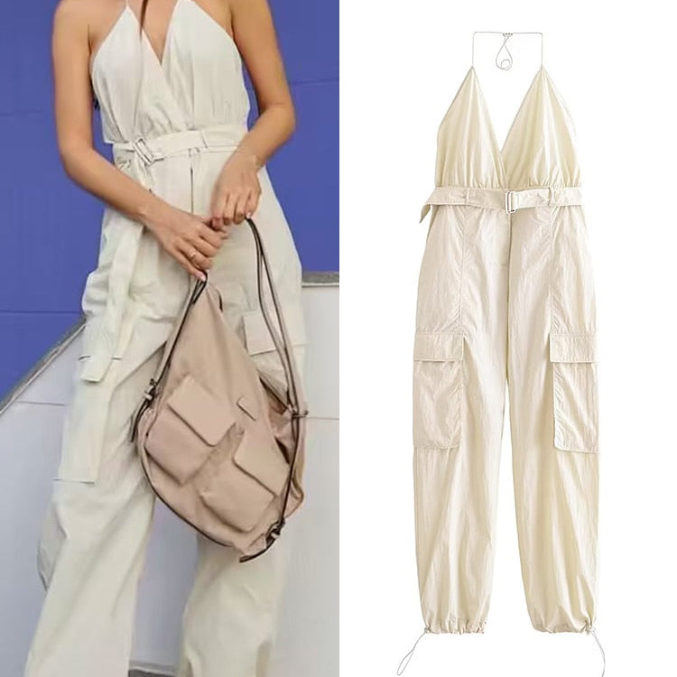 Summer Women Safari Style Jumpsuit With Belt New Female Solid Pocket Decoration Deep V-Neck Backless Camisloe Bodysuit