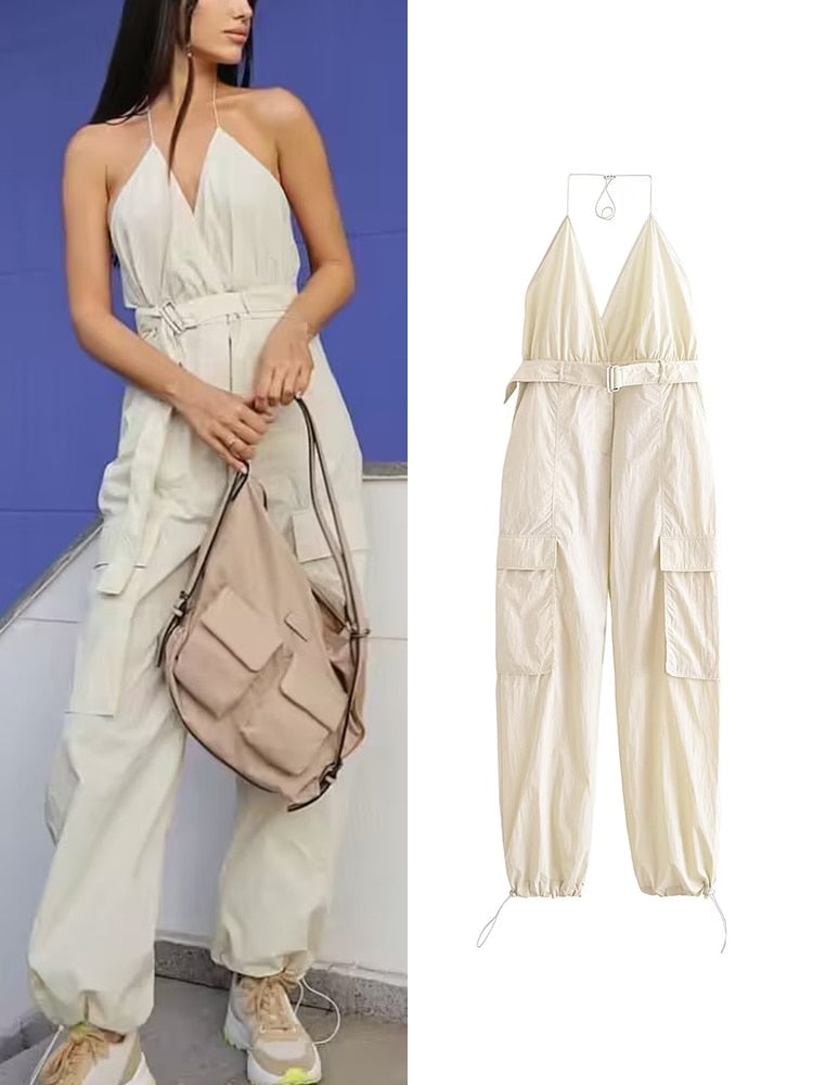 Summer Women Safari Style Jumpsuit With Belt New Female Solid Pocket Decoration Deep V-Neck Backless Camisloe Bodysuit