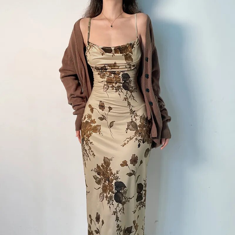 Y2K Vintage Party Long Dress Grunge Fairycore Print Maxi Dresses Elegant Beach Style Backless Sundress Women Clothes Auburn