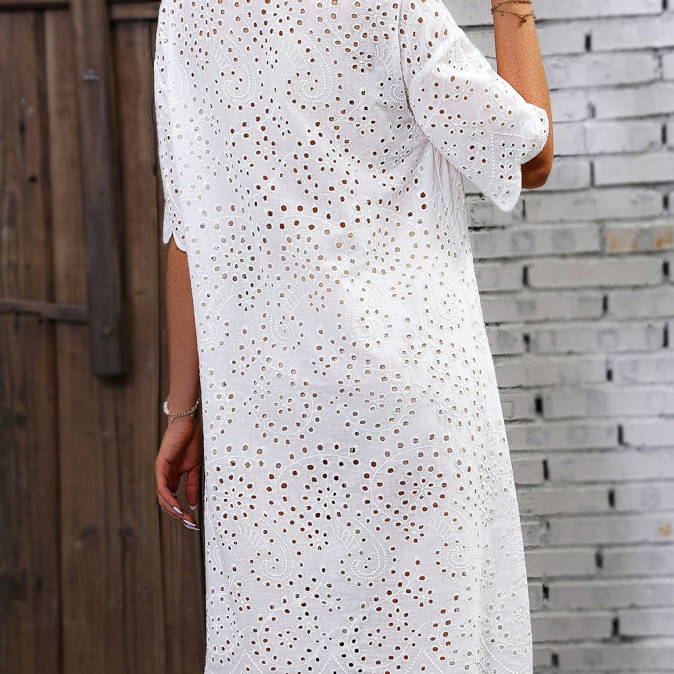Eyelet Embroidery Drop Shoulder Dress Women's Button Front Dresses For Summer Elegant Party Dresses For Women