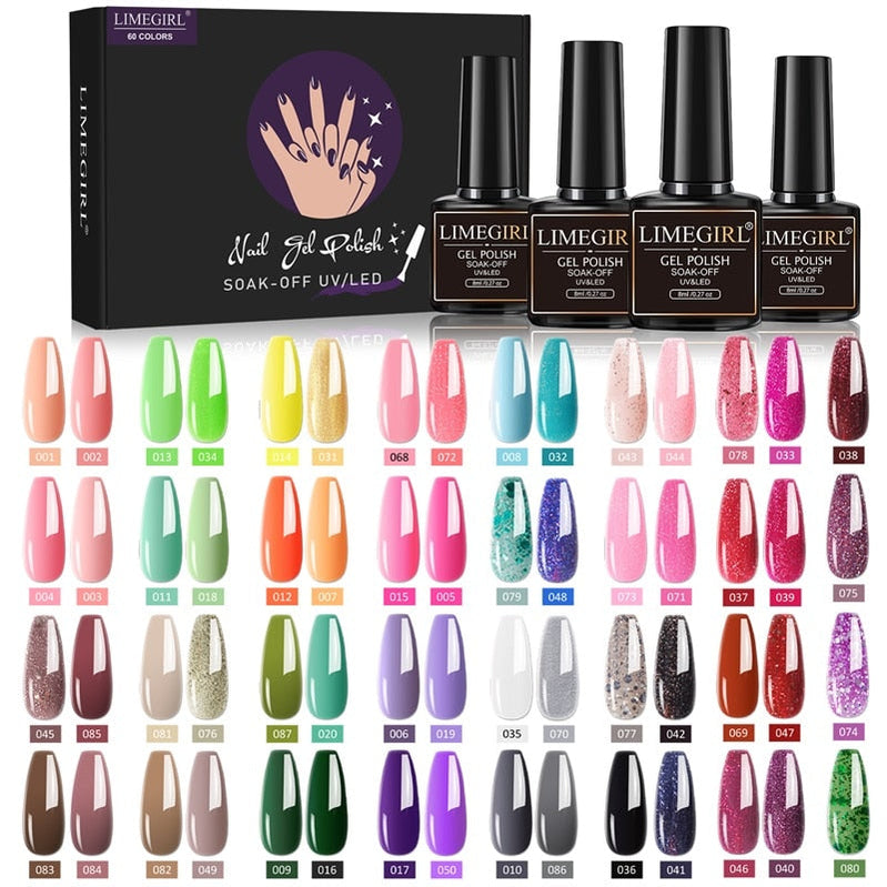 Limegirl Gel Nail Polish Set Kit Pink Glitter Popular Spring 60/40/24 Colors Semi Permanent UV Led Gel Varnish Soak Off Nail 60PCS-1
