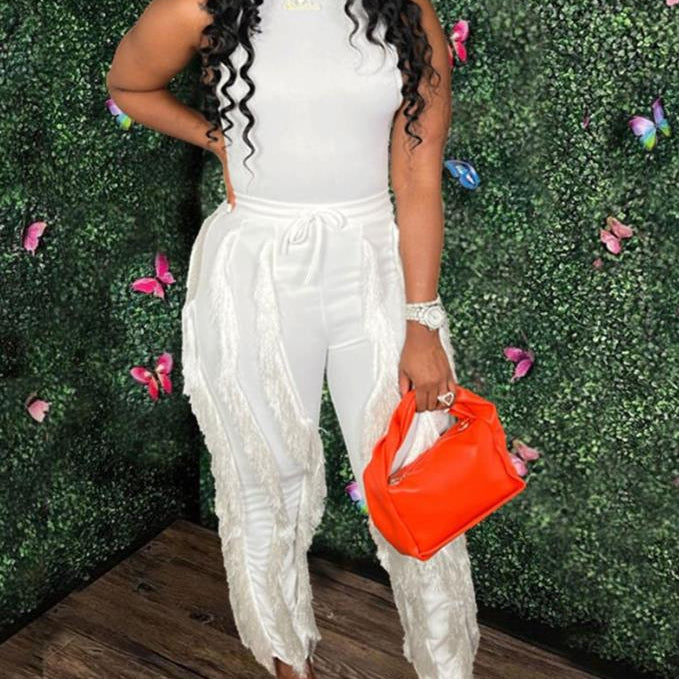 Fashion Solid Romper Casual Tank Top & Tassel Decor Drawstring Pants Set Skinny Tank Jumpsuits Summer Female Outfit Streetwear