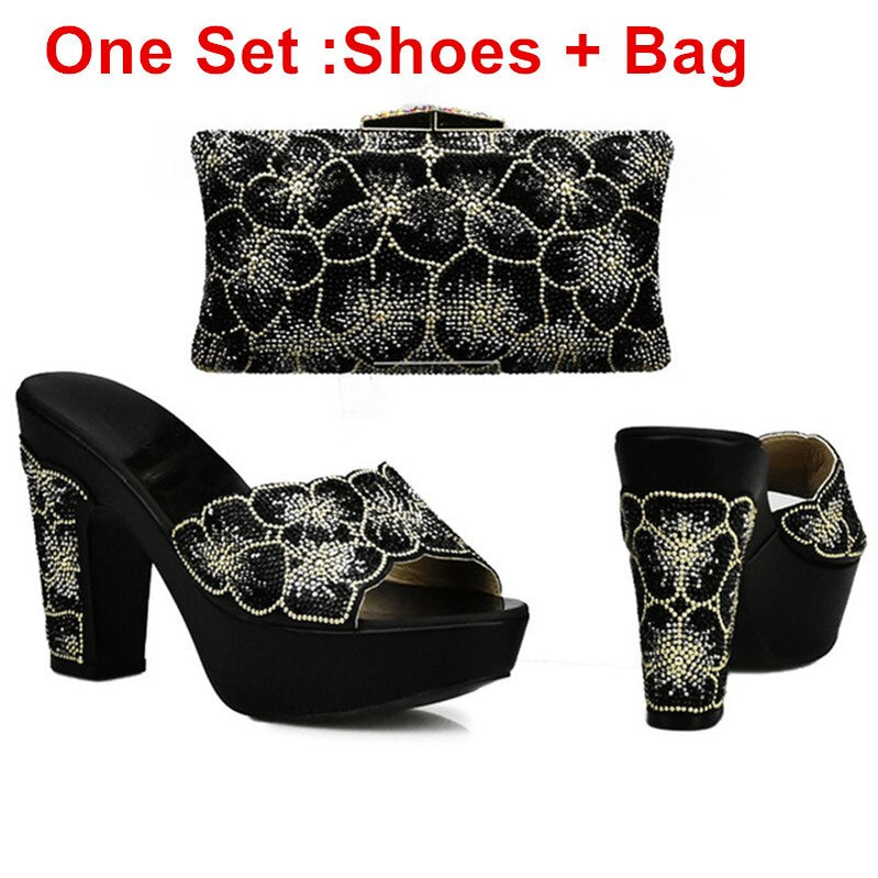 Latest Design Red Color Matching Women Shoes and Bag Set Decorated with Rhinestone African Shoe and Bag Set for Party In Women Black Shoes and Bag