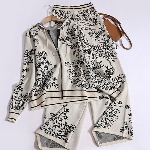 Autumn Temperament Pants Set for Women Printed Hooded Knit Cardigans + Casual High Waisted Wide Leg Pants Women Two Piece Set Apricot One Size