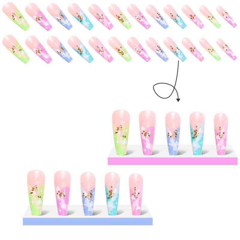 3D fake nails accessories rainbow heart with glitters long french coffin tips faux ongles press on acrylic false nail supplies
