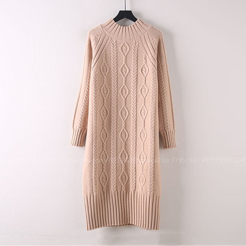 Winter Thicken Plus Velvet Sweater Dress Women's Fall Mock Neck Rib Knit Bottoming Dresses Elegant Warm Vestido Midi With Coats