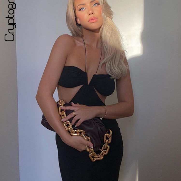 Cryptographic 2023 Summer Spaghetti Strap Halter Sexy Backless Maxi Dress Elegant Bandage Sleeveless Club Party Dresses Bodycon