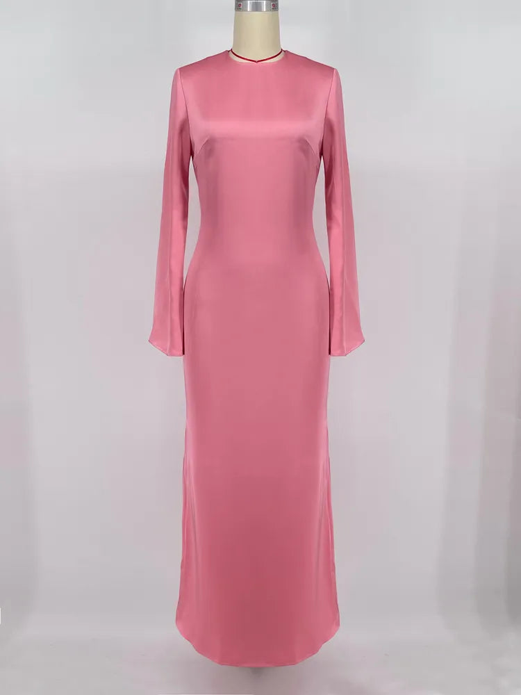 Satin Fashion Slim Maxi Dress For Women Long Sleeve High Waist Elegant Solid Party Dress Casual Luxury Ladies Autumn Dress