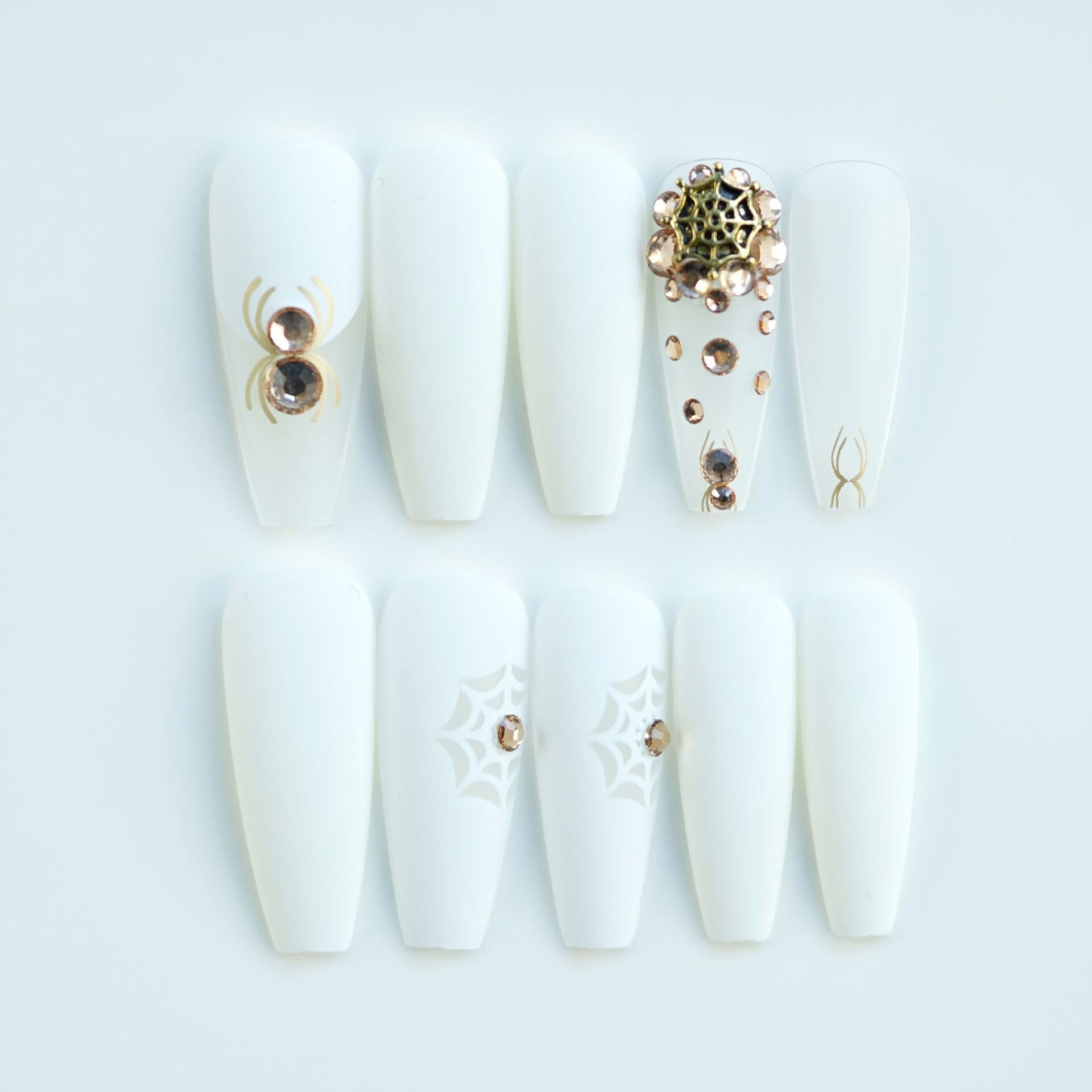 3D Halloween fake nails gold spider with glitter diamond designs long french coffin tips faux ongles press on false nail supplie