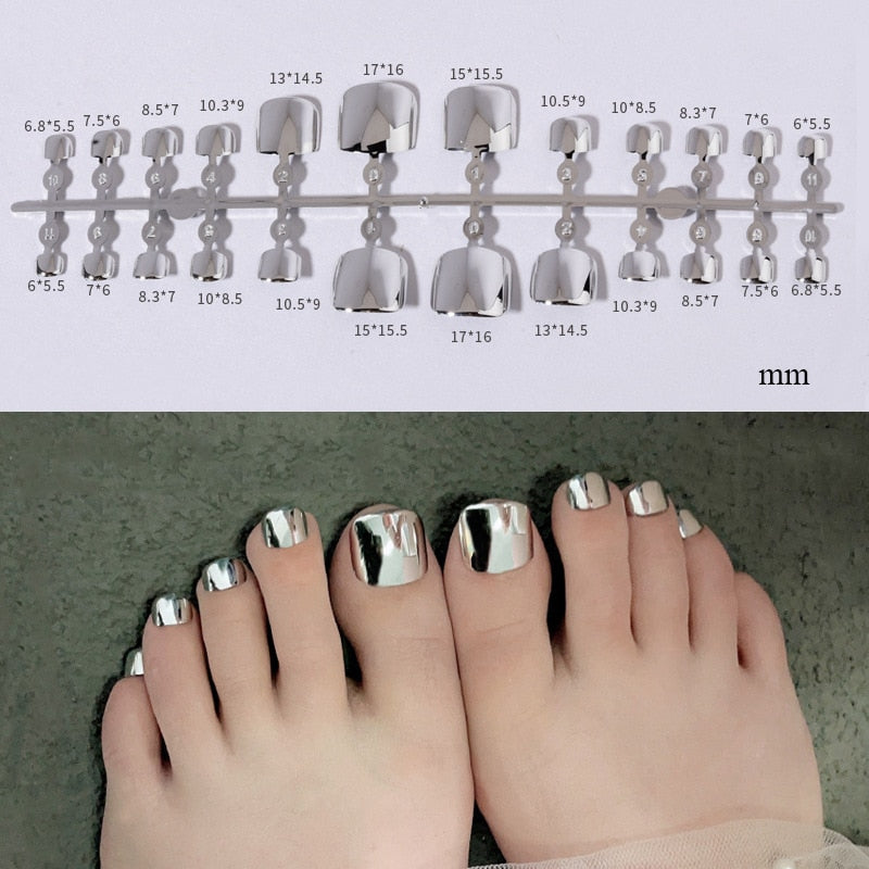 False Toenail 24Pcs/Box Toe Nail 3D Glitter Decor Press On Fake Nails With Glue Detachable Square Short Full Cover DIY Nail Tips