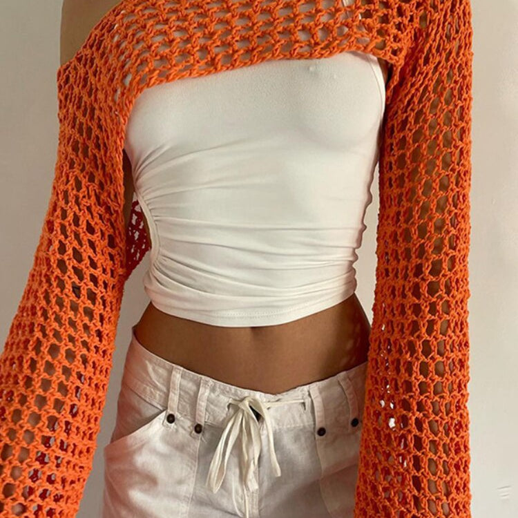 Summer Long Sleeve Smock Knitted Crop Top Women Y2k Beach Sexy Backless Hollow Out T Shirts Green Party Casual Pullovers Orange