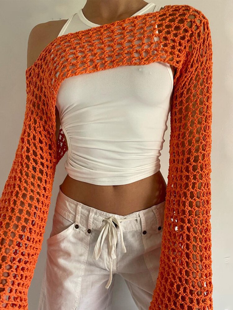 Summer Long Sleeve Smock Knitted Crop Top Women Y2k Beach Sexy Backless Hollow Out T Shirts Green Party Casual Pullovers Orange