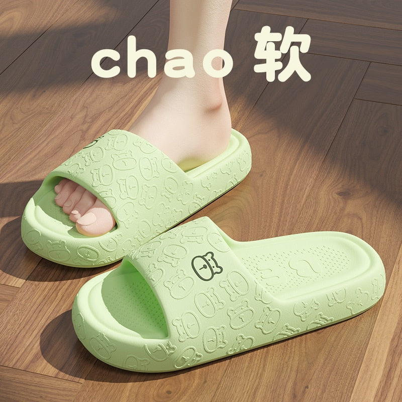 Outdoors Summer Women Men Flat Thick Platform Slippers Non-Slip Cartoon Home Bath Sandals Beach Slides Couples Ladies Shoes