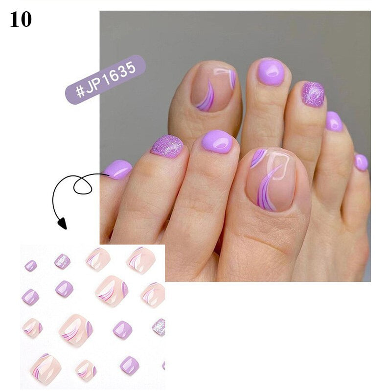 False Toenail 24Pcs/Box Toe Nail 3D Glitter Decor Press On Fake Nails With Glue Detachable Square Short Full Cover DIY Nail Tips 10