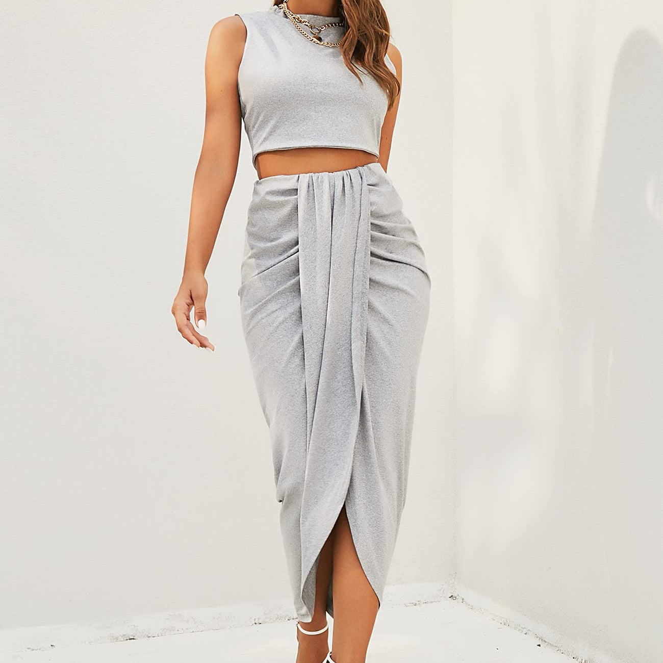 Women’s 2 Pieces Dress Set Sexy Sleeveless Crop Tank Side Slit Twist Skirt Bodycon Maxi Dresses Summer