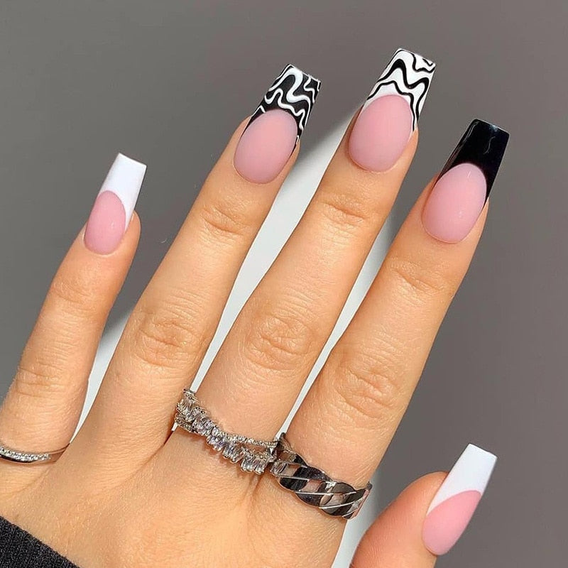 Blue Glitter Powder Waves Design Wearable Nail Art Glossy Fake Nails Short Ballet Finished False Nails Press on Nails with Glue
