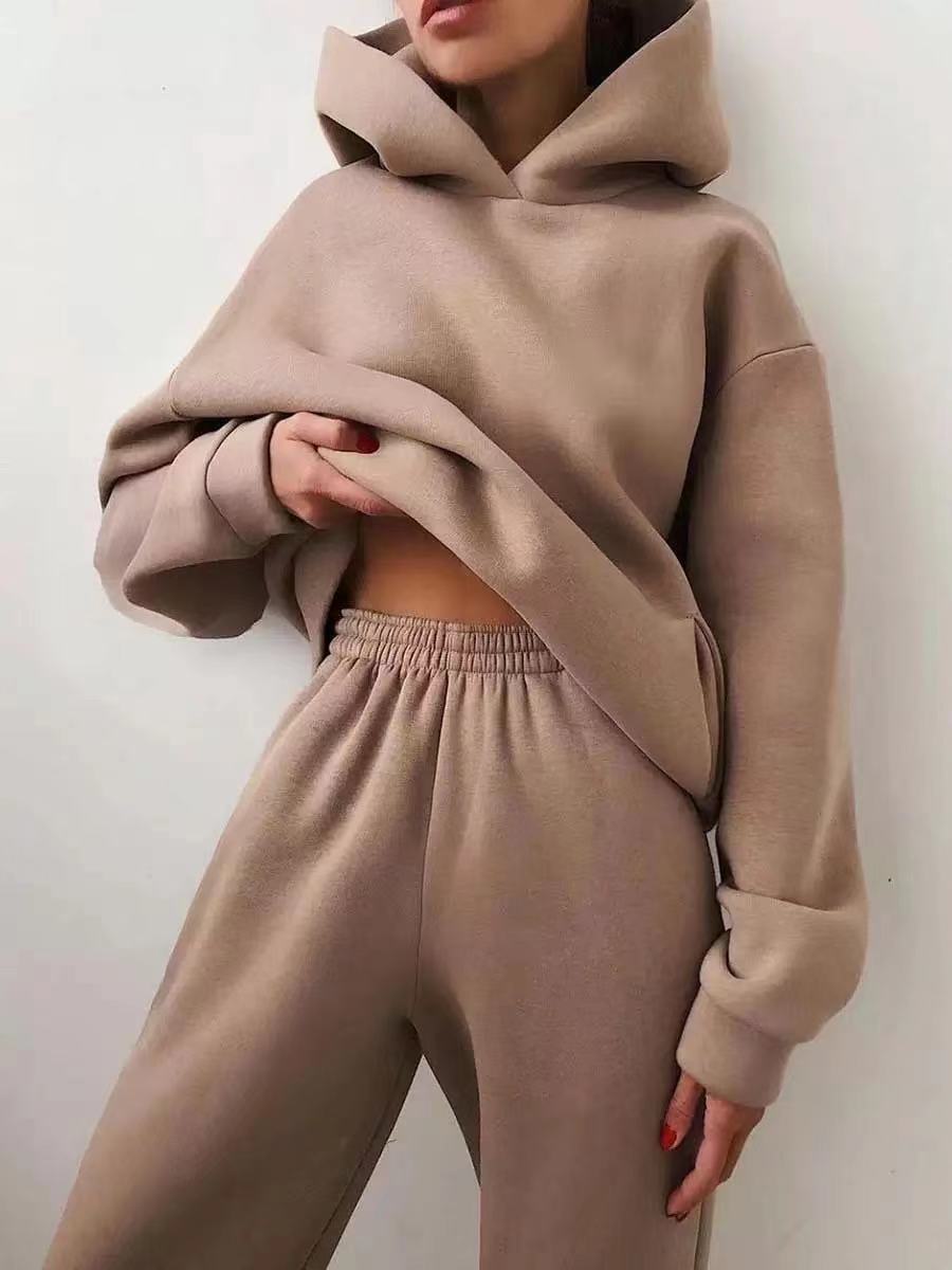 Winter Women Two Piece Sets Tracksuit Autumn Casual Solid Long Sleeve Hoodie Sweatshirts Female Oversized Trouser Pant Suit Khaki
