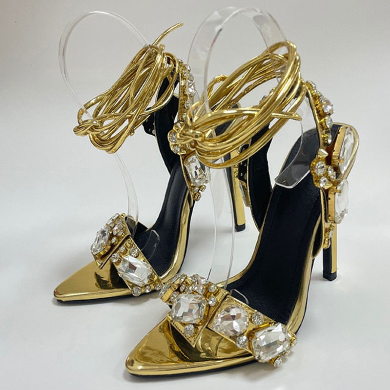 Sexy Ankle Strap Golded Sandals Women Party Nightclub Stripper Heels Crystal Diamond Pointed Toe Wedding Shoe 11CM Golden