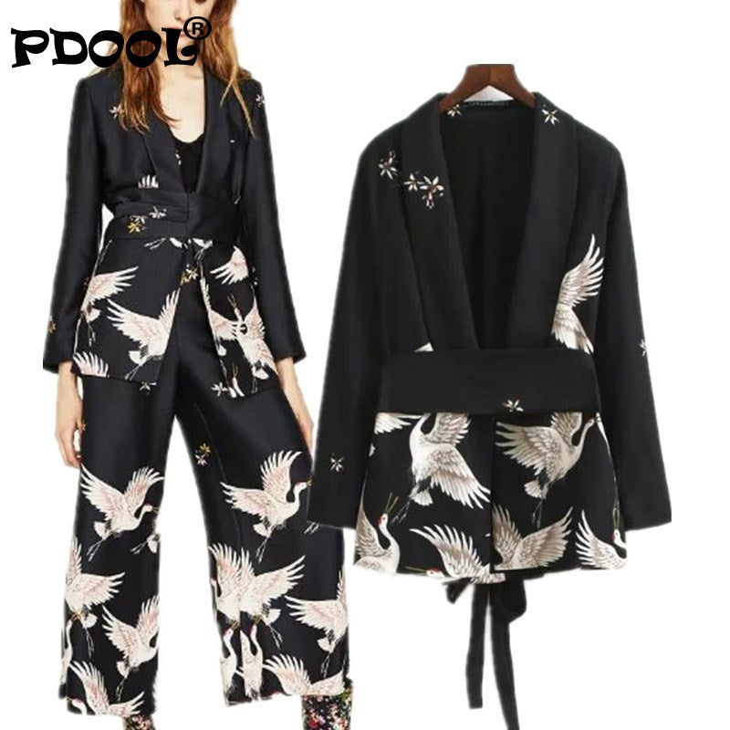 Spring/Autumn Women Vintage Clothing Set Printed Blazer Wide Leg Retro Pant Female Bird Outfit Suits Women's Office Lady