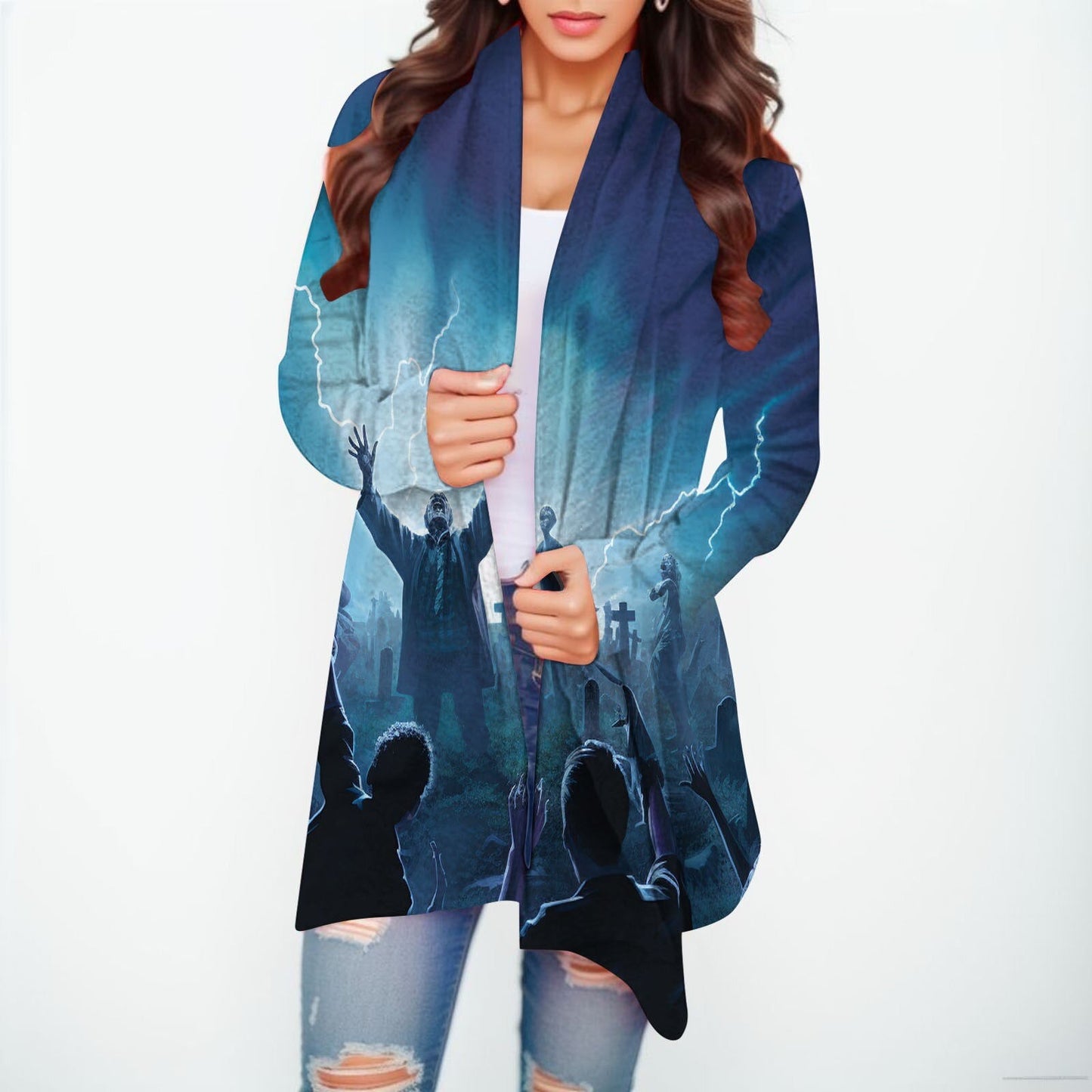 Halloween Print Women's Cardigans Witch Spider Web Fun Graphic Open Front Coat Cardigan With Pockets Fall Casual Coat Jackets