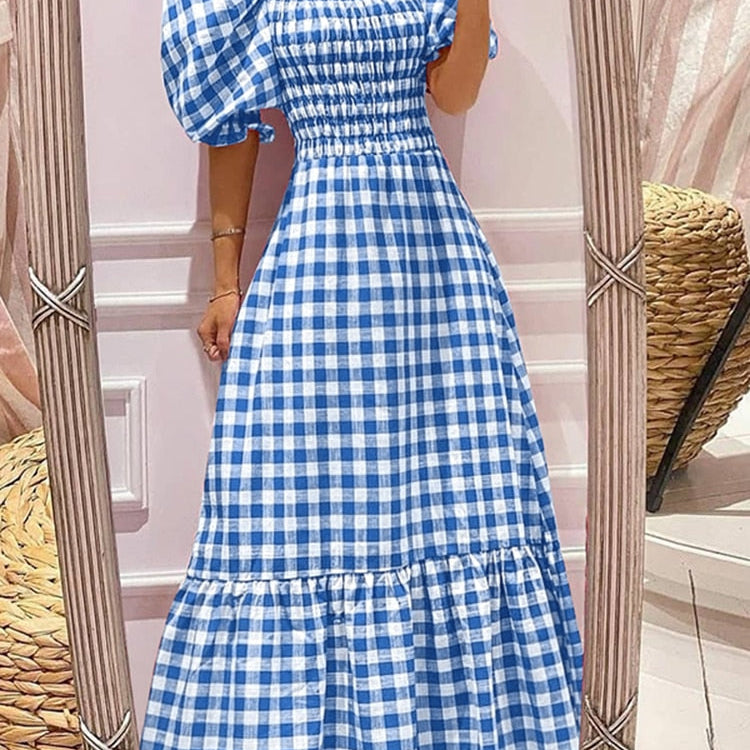 Summer Long Maxi Dress Women Casual Short Sleeve Square Collar Vintage Plaid Party Bohemian Vestidos Loose Sundress A-Light Blue Spain