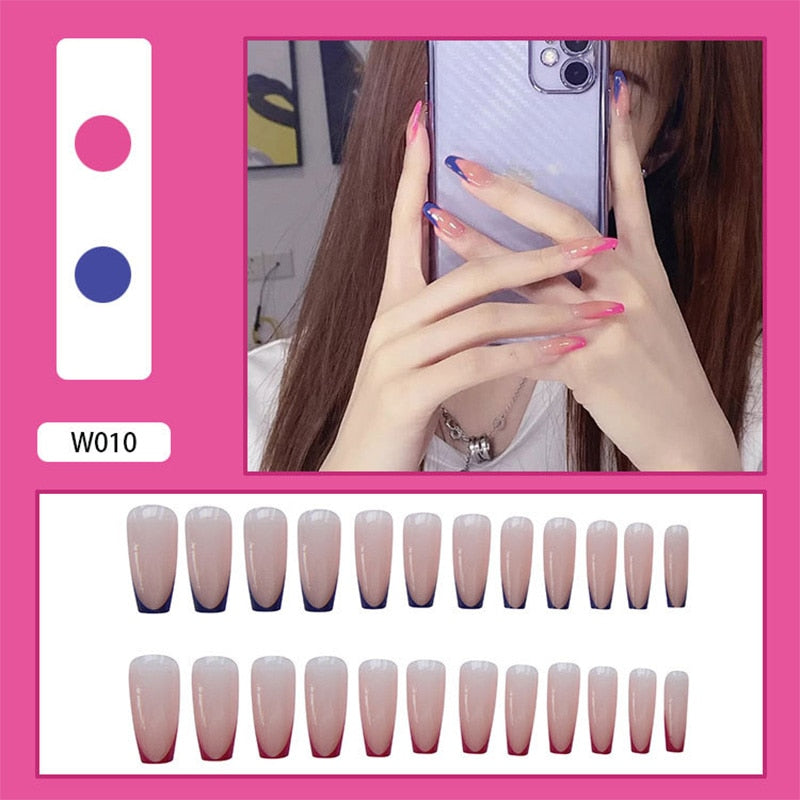 24Pcs/Box White French Fake Nails Press on Long XL Length Rhinestone Design False Nails Full Cover Acrylic Nail Tips