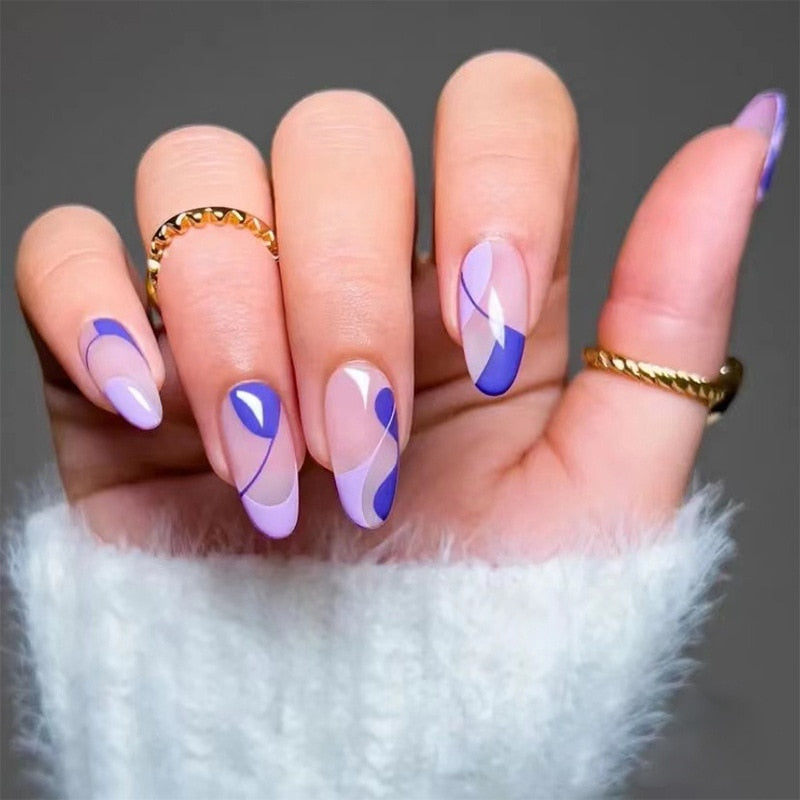 24Pcs/Set Fake Nails With Glue Full Cover Nail Tips Press On Med Nails DIY Manicure Oval Head False Nails Pink Almond Artificial