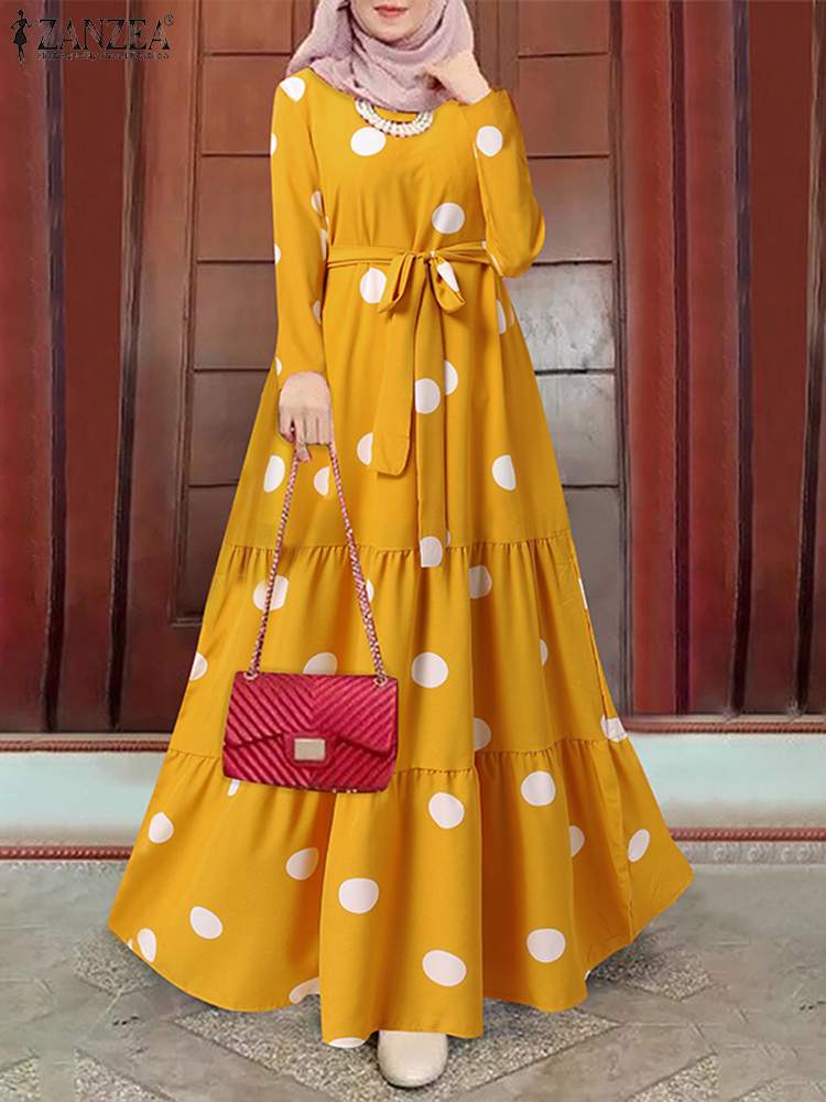 ZANZEA Women Spring Muslim Dress Elegant Casual Loose Abaya Kaftan Sundress Long Sleeved Polka Dots Printed O-Neck Maxi Robe
