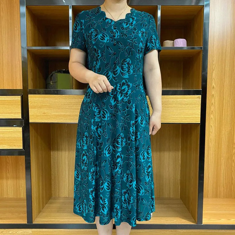 Vacation New Jacquard Summer Fashion Female Clothing V-Neck Splicing Floral Printing Short Sleeve Middle Length Dresses Blue