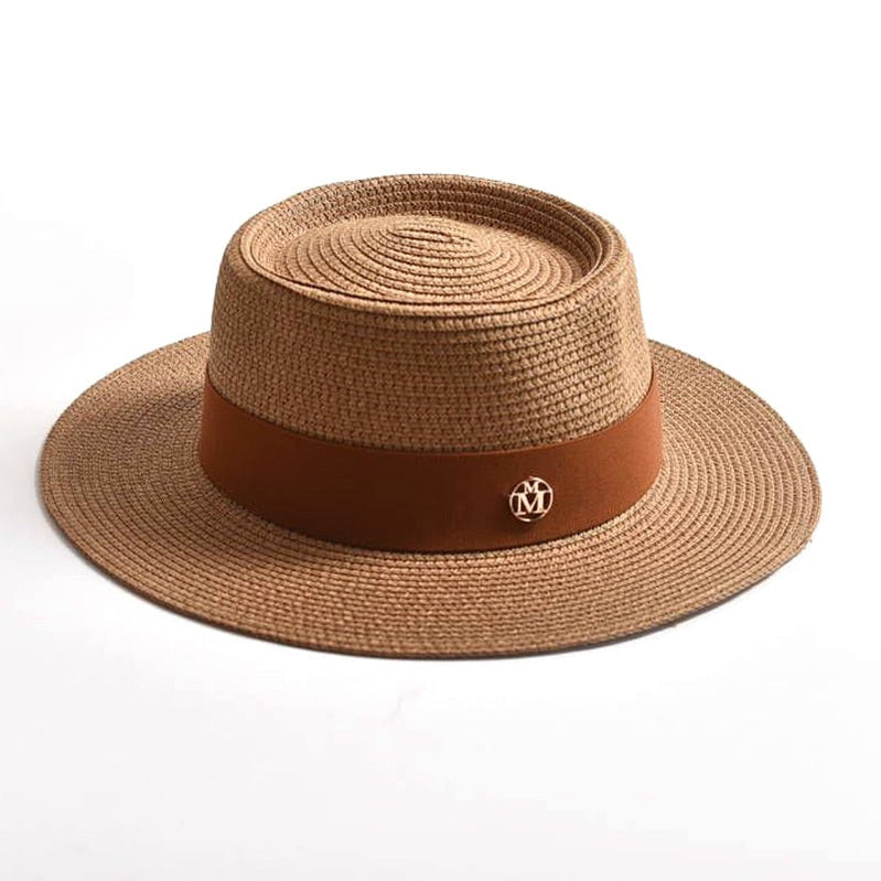 New Summer Straw Sun Hats for Women Ladies Fashion Flat Brim Ribbon Beach Hat Travel Dress Cap chapeau femme Khaki 56-58CM