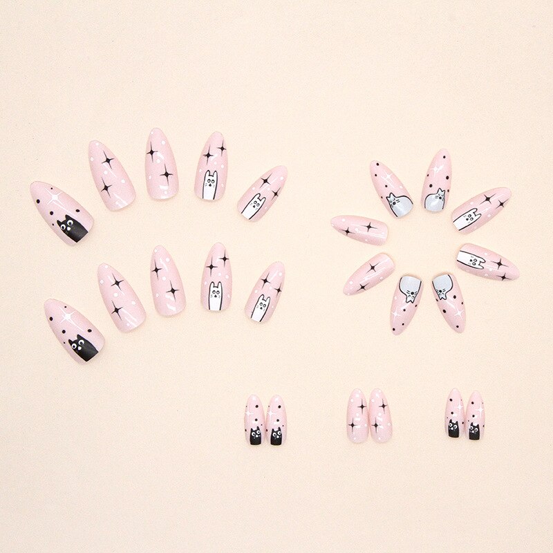 Cute Cat Printed Fake Nails Almond Head Full Cover Press on FIngernails Cartton Pink Acrylic Nail Art Tips for Girls