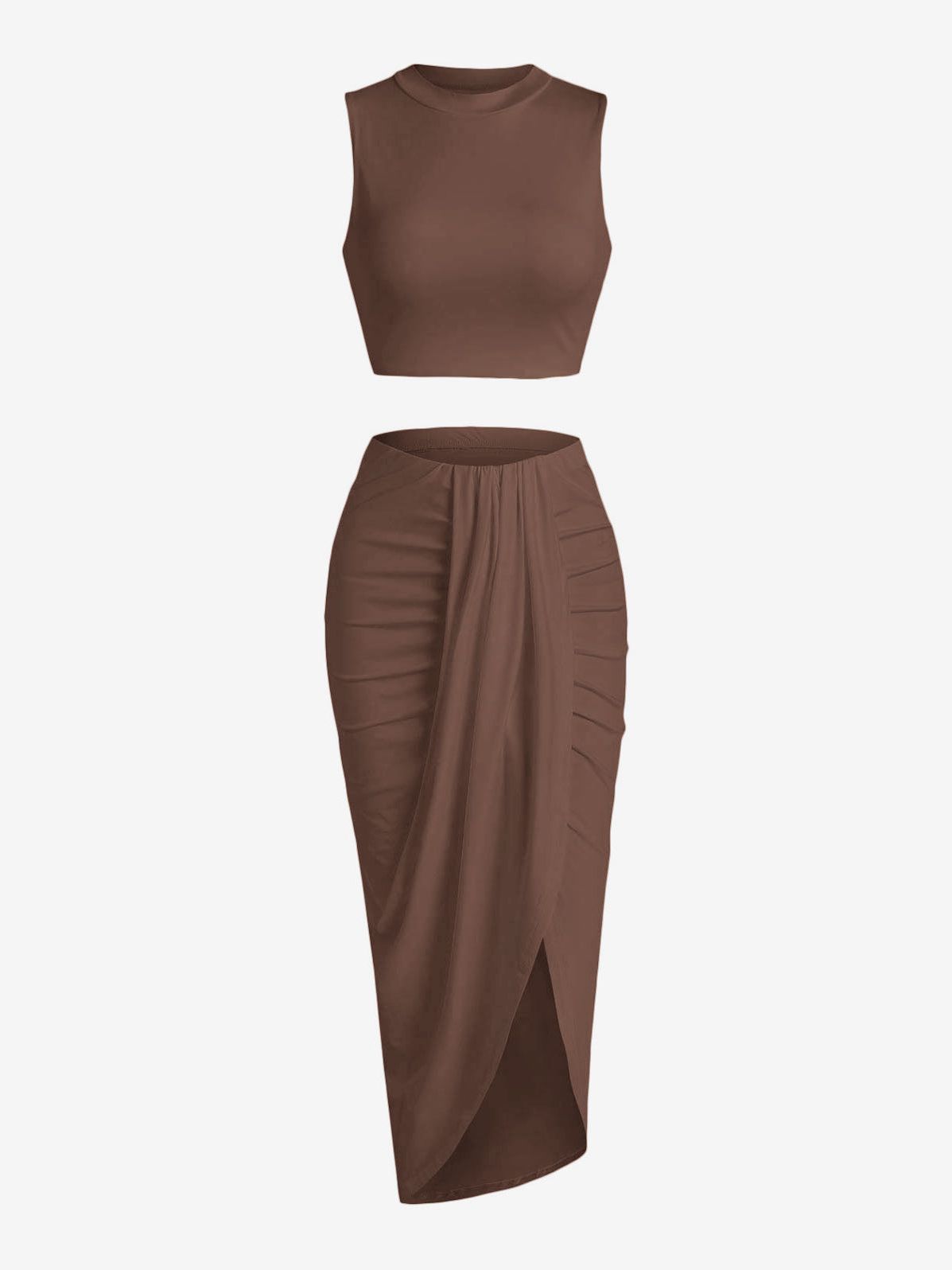 Women’s 2 Pieces Dress Set Sexy Sleeveless Crop Tank Side Slit Twist Skirt Bodycon Maxi Dresses Summer Coffee