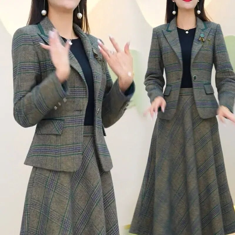 Elegant Plaid Skirts 2 Piece Set Slim Blazer Tops + A-line Vintage Skirt Korean Casual Tracksuit Spring Fall New Women Ensembles