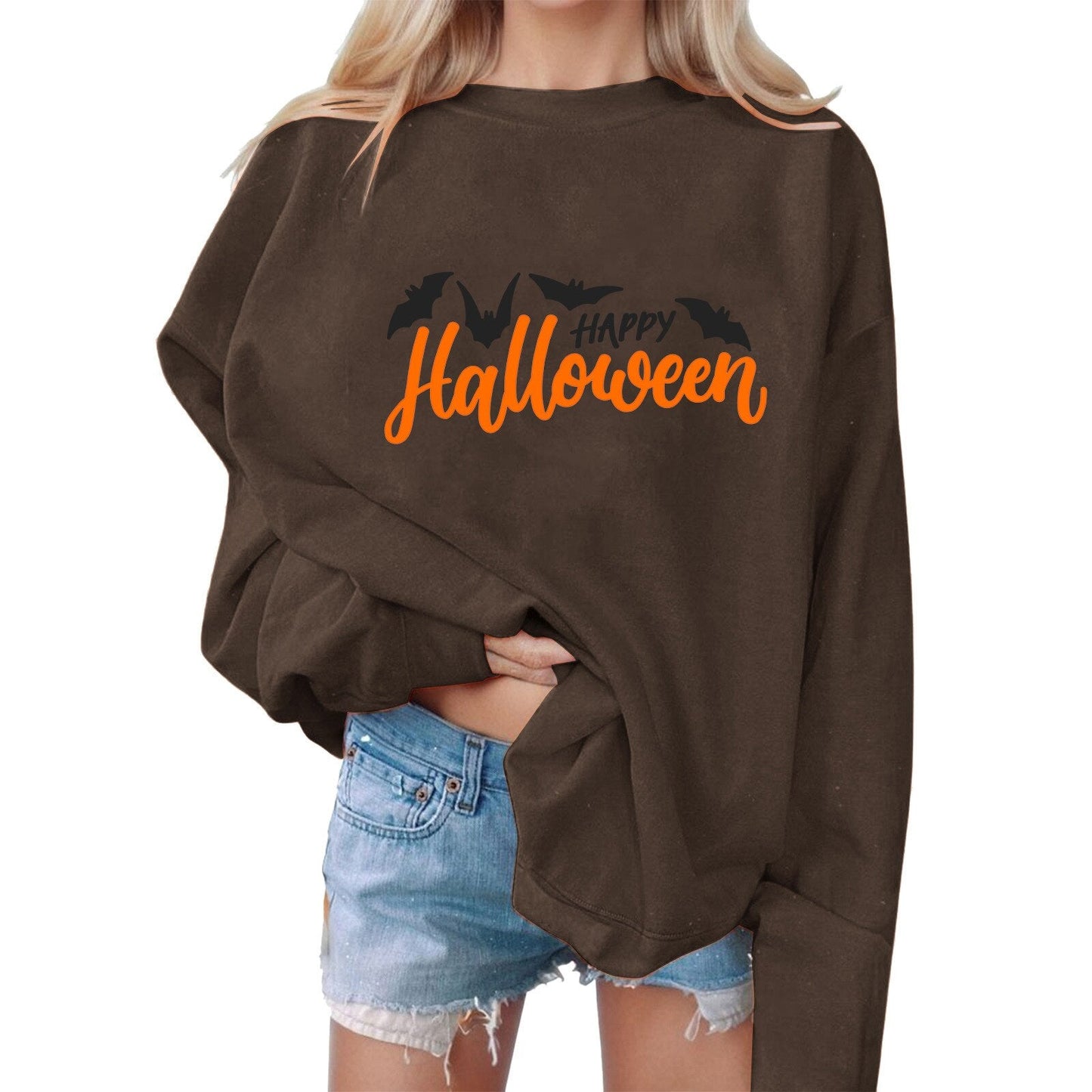 Halloween Harajuku Sweatshirts Bat Letter Print Sweatshirt Sweater Round Neck Women's Sweatshirt Long Sleeve Outfits Moletom