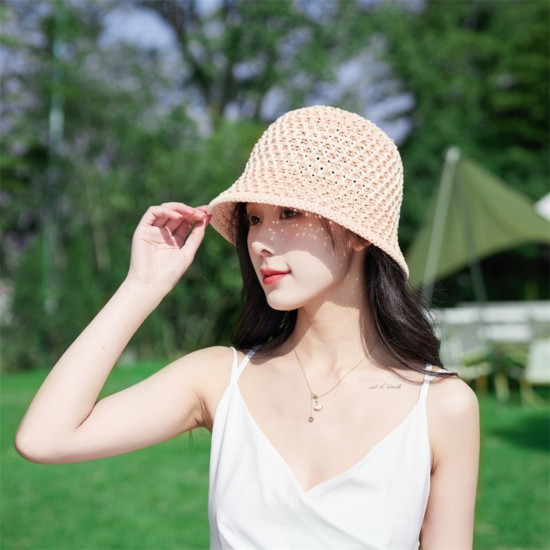 Sunscreen Hat Women's Net Red ins Korean Bucket Hat Hollow out Fisherman Basin Hat Outdoor Knitted Sun Shield Hat 14 55-58CM