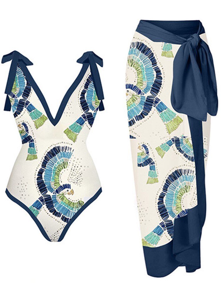 Skirt Cover Up Bodysuit Set Women Bandage Bathing Suit Swimwear Summer New Fashion Print Beach Holiday Bodysuit Cover Up Outfits