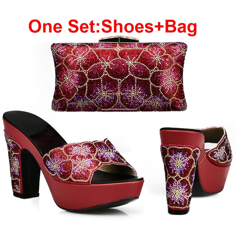 Latest Design Red Color Matching Women Shoes and Bag Set Decorated with Rhinestone African Shoe and Bag Set for Party In Women Red Shoes and Bag