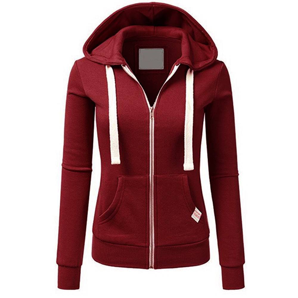 Spring/Autumn New Casual Fleece Zipped Hoodie Women Fashion Drawstring Sporty Hooded Coats Ladies Simple Sweatshirt Dark Red