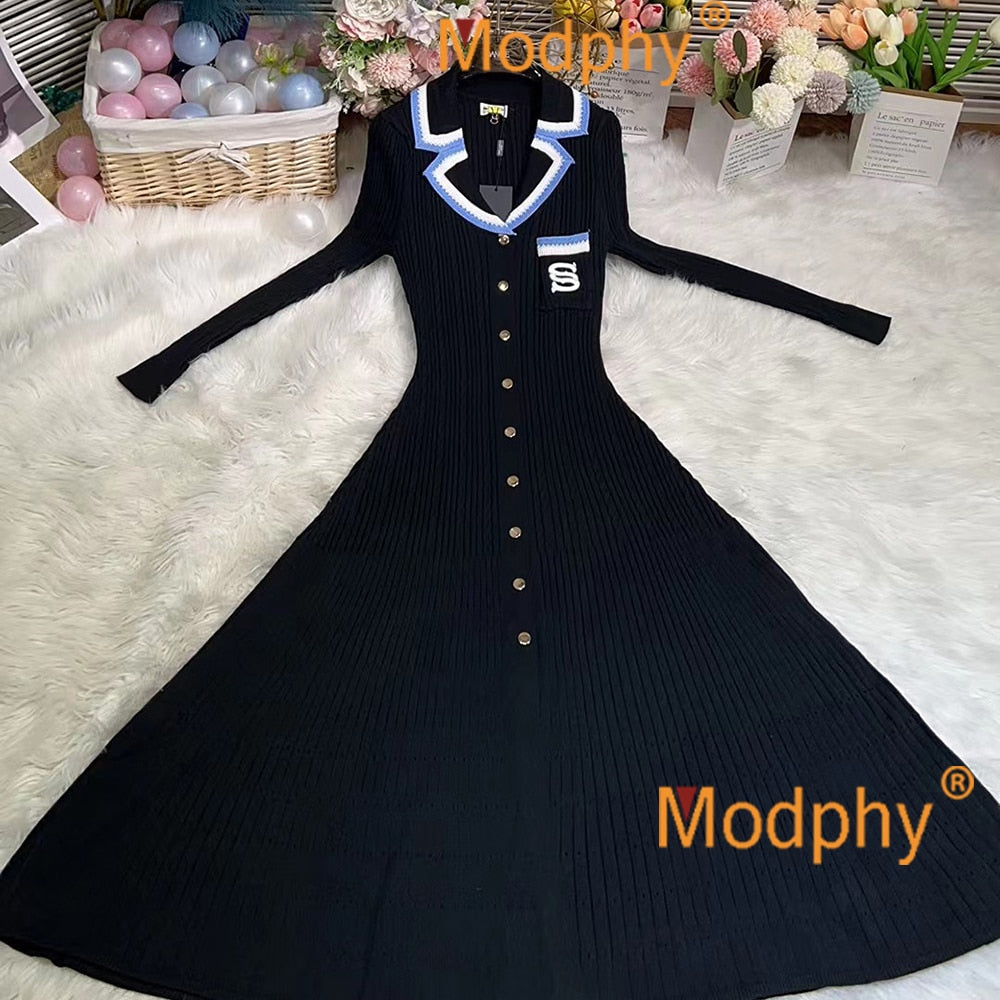 Modphy Elegant Slim Knitted Long Dress Women's Single breasted Long sleeved Designer Slim Vintage Dresses Autumn Black Long Sleeves