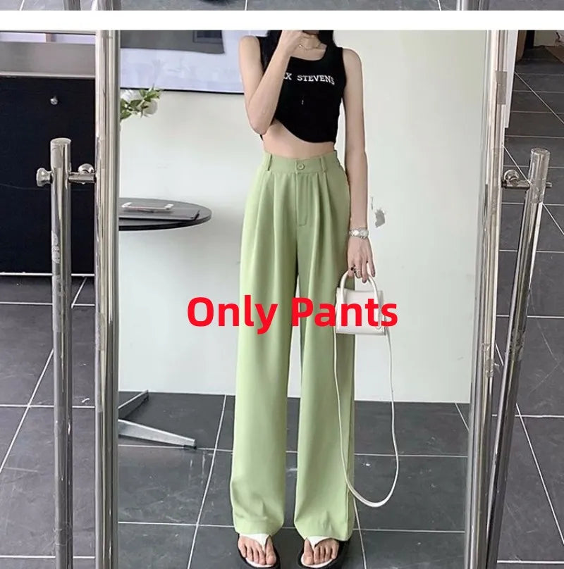 Women's Summer Fashion Hollow Out Shirt+Suspender+Wide Leg Pants Three Piece New in Matching Set Korean Elegant Tracksuit Green Pants