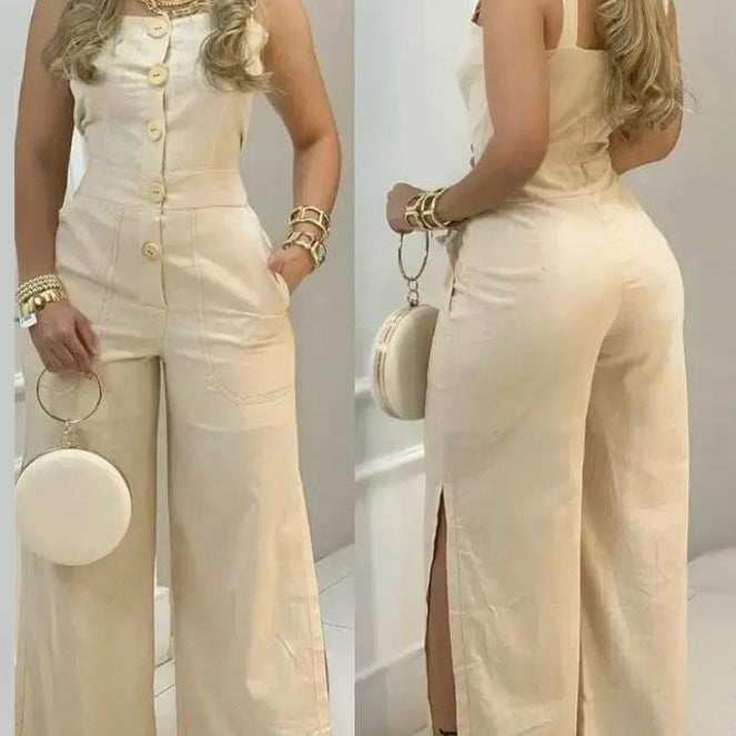 Women's Jumpsuit Spring Fashion Wide Leg Buttoned Casual Square Neck Plain Sleeveless Pocket Design Long Suspender Jumpsuit A