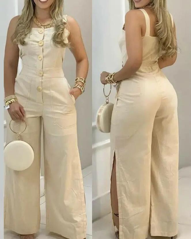 Women's Jumpsuit Spring Fashion Wide Leg Buttoned Casual Square Neck Plain Sleeveless Pocket Design Long Suspender Jumpsuit A