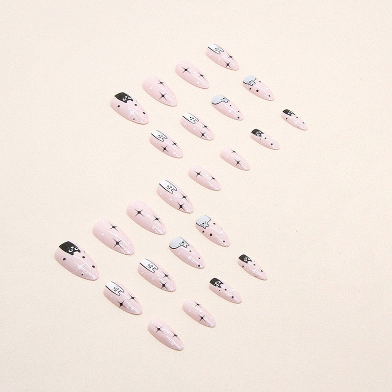 Cute Cat Printed Fake Nails Almond Head Full Cover Press on FIngernails Cartton Pink Acrylic Nail Art Tips for Girls