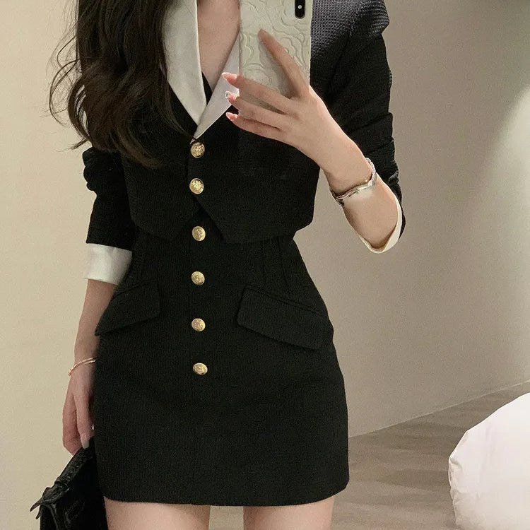 Black Y2k Mini Skirt Set Women Casual Korean 2 Piece Dress Set Crop Tops Jacket Tops + Short Skirts Elegant Suit Autumn New