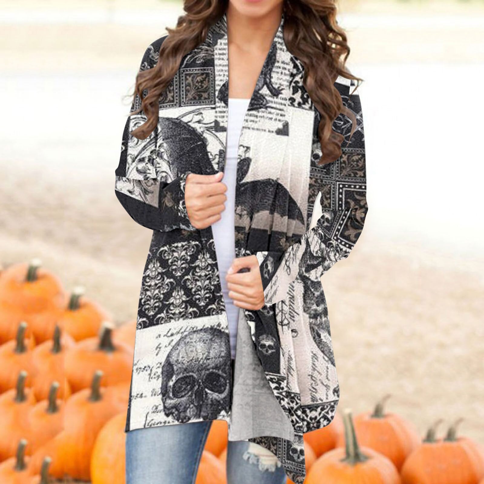 Halloween Skull Black Cat Print Long Sleeve Cardigan Autumn Winter Casual Open Stitch Long Top Ladies Elegant Cardigan Outerwear